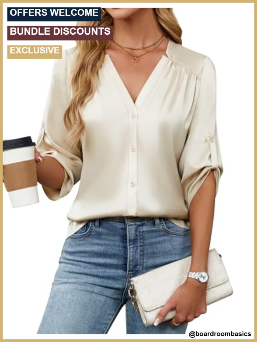 Satin Silk 3/4 Sleeve Button Down Shirt Blouse Pleated Work Top